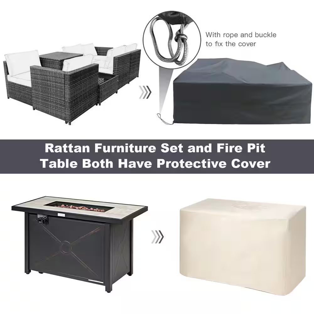 9-Pieces Patio Rattan Furniture Set Fire Pit Table Storage Grey with Cover Grey